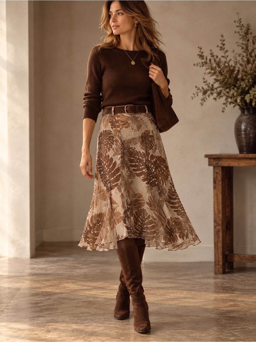 100% Silk Leaf Chiffon Midi Skirt | Size 8